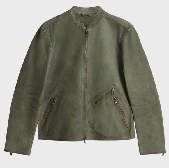 John Varvatos Corbin Leather Jacket EU56 FIT TO L Dark Moss Check The Measure - Picture 6 of 8